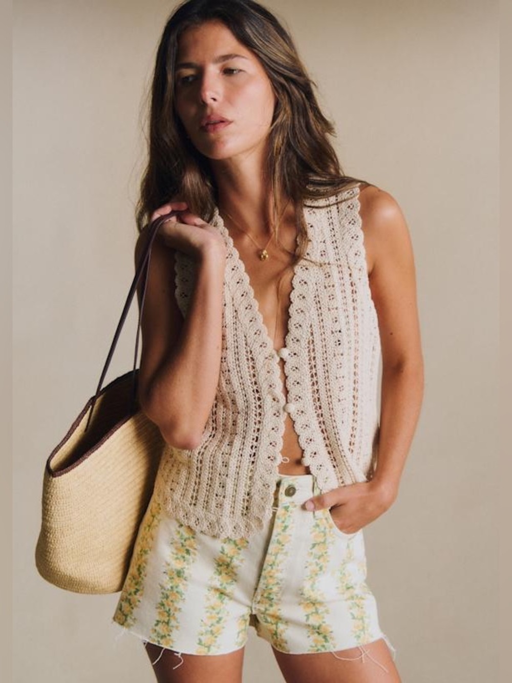 Sezane PALMINA BLOUSE Ecru Crochet Button-Front Sleeveless cotton Top - Cream